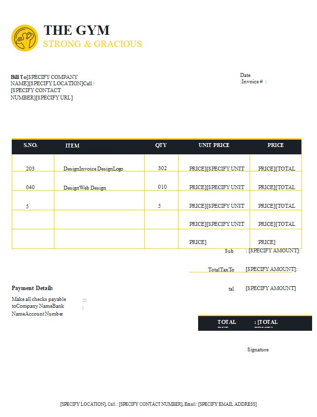 Free Gym Invoice Template PSD template